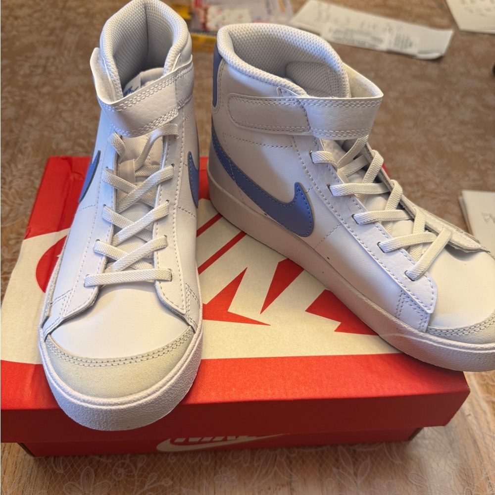 Nike Kids High-Top Sneakers - White and Blue Swoosh